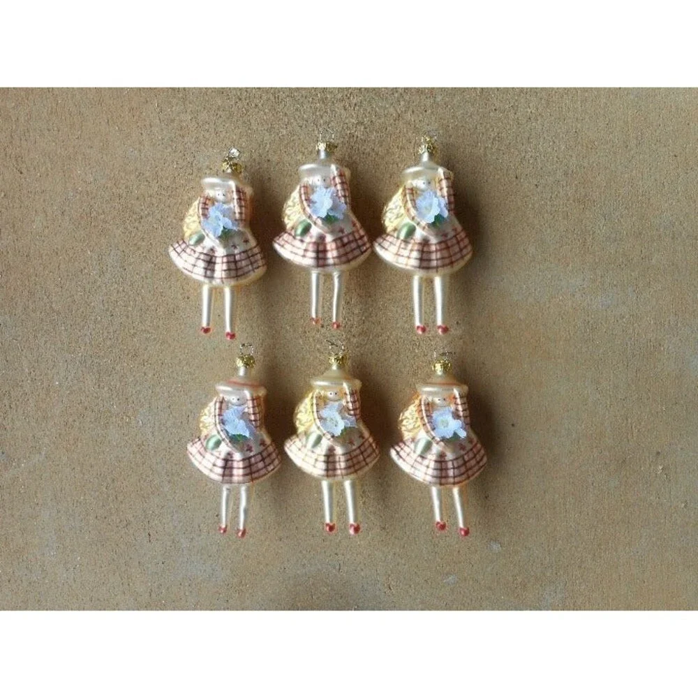 6 Glass Girls in Plaid Dresses Ornaments